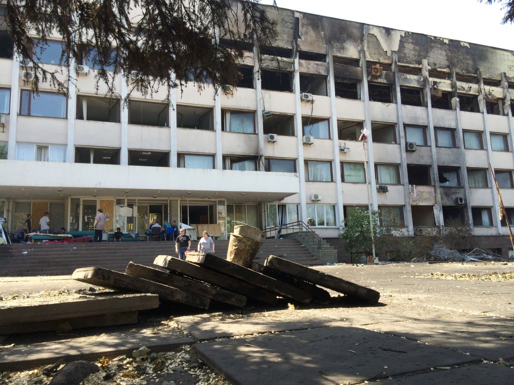 Little remains of the separatist barricades which used to stand in front of the city hall of Mariupol, in Ukraine's Donetsk region. 