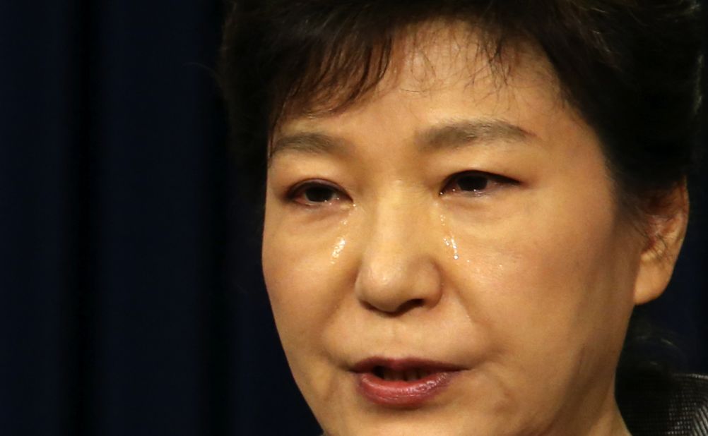 South Korean President Park Geun-hye weeps while delivering a speech to the nation about the sunken ferry Sewol at the presidential Blue House in Seoul, South Korea, on Monday, May 19. More than 200 bodies have been found and nearly 100 people remain missing after the ferry sank April 16 off South Korea's southwest coast.