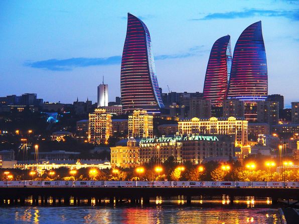 The eye-catching Flame Towers are covered with LED screens displaying the movement of fire and creating the effect of giant torches, a design inspired by Azerbaijan's history as a land of fire due to its rich deposits of natural gas.
