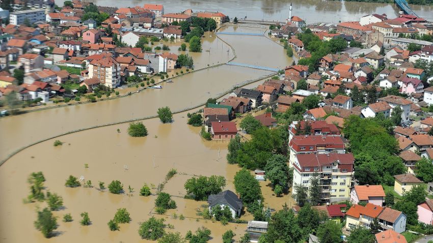 An aerial view shows a flooded area near the Northern-Bosnian town of Brcko on May 18, 2014. At least 34 people have died and tens of thousands evacuated in Serbia and Bosnia as the emergency services fight Sunday with overflowing of rivers and growing landslides following worst floods in a century. AFP PHOTO ELVIS BARUKCICELVIS BARUKCIC/AFP/Getty Images
