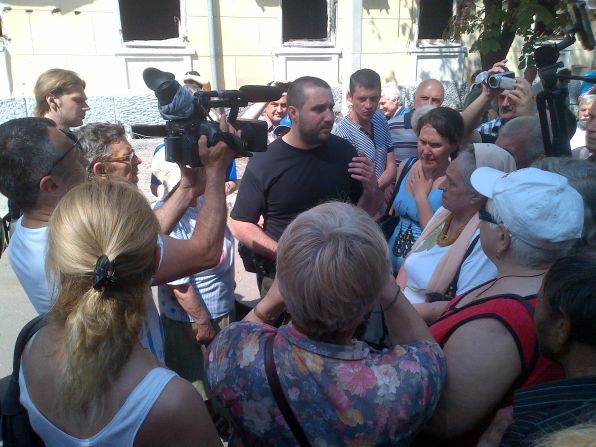 Separatist political leader Denis Kuzmenko speaks to supporters at a memorial for people who died in Mariupol, Ukraine, on May 9. He vowed Sunday not to let Ukrainian national authorities set up polling stations in his town for presidential elections next week.