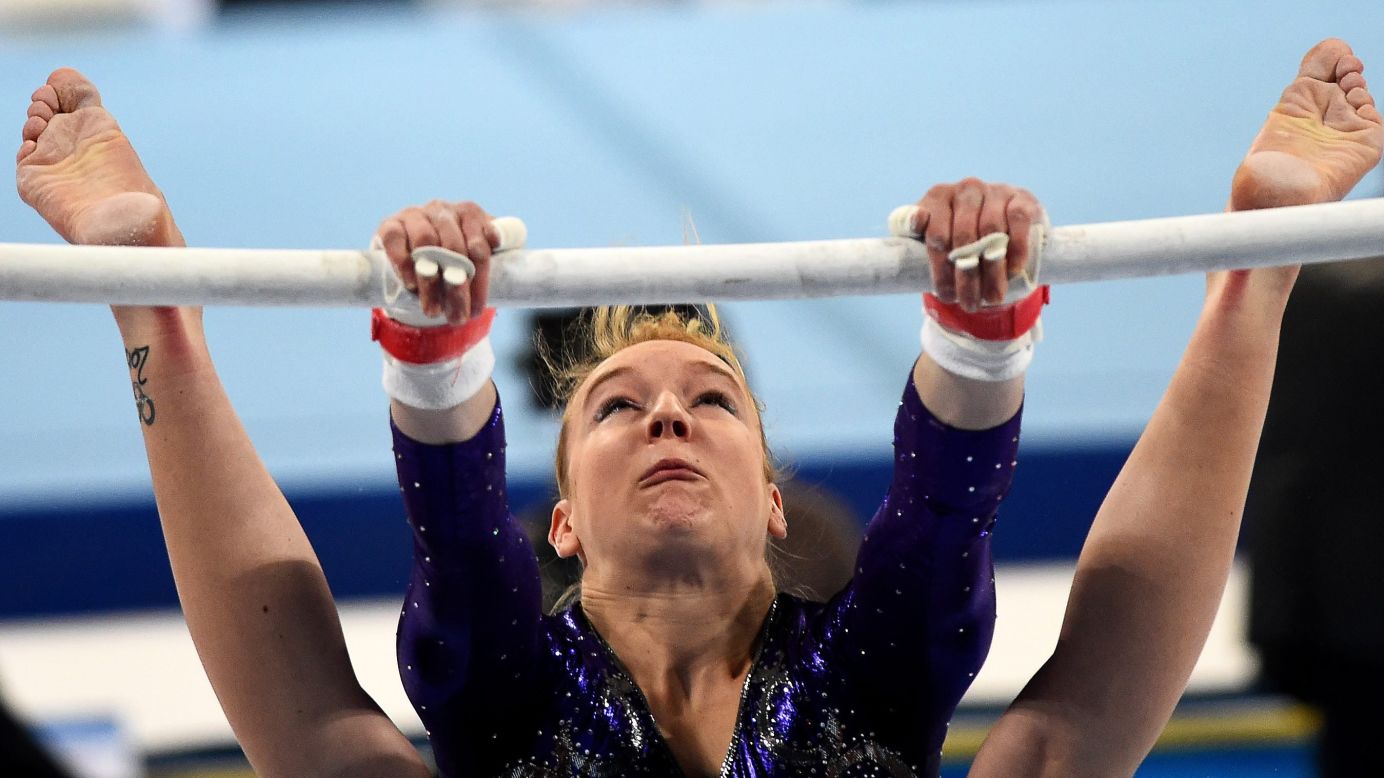German gymnast Janine Berger performs on the uneven bars Saturday, May 17, at the European Women's Artistic Gymnastics Championships in Sofia, Bulgaria. The German team finished fourth in the team competition, which was won by Romania.