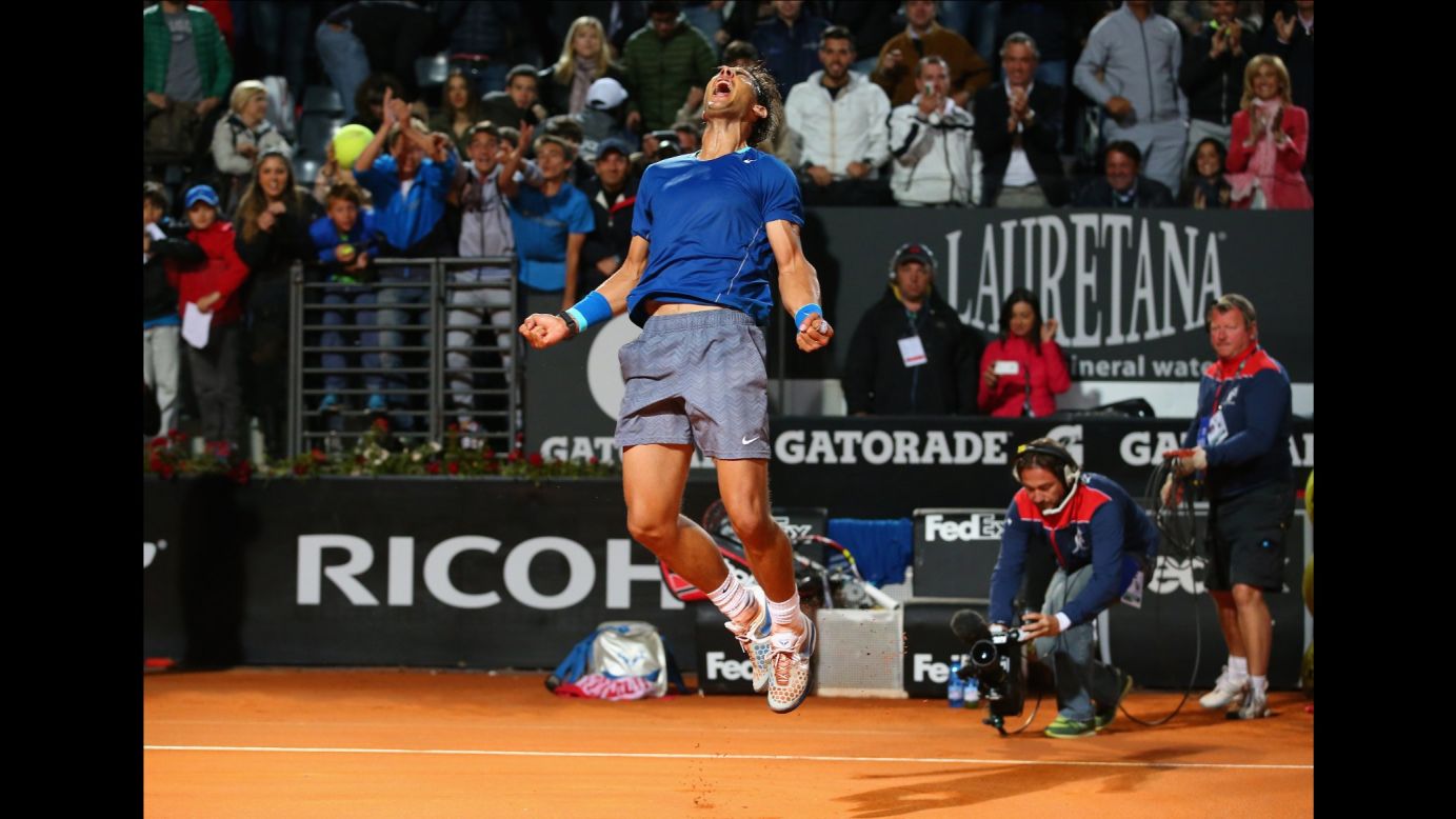 Rafael Nadal celebrates Friday, May 16, after defeating Andy Murray in the quarterfinals of the Italian Open in Rome. Nadal would eventually advance to the tournament final, which he lost to Novak Djokovic.