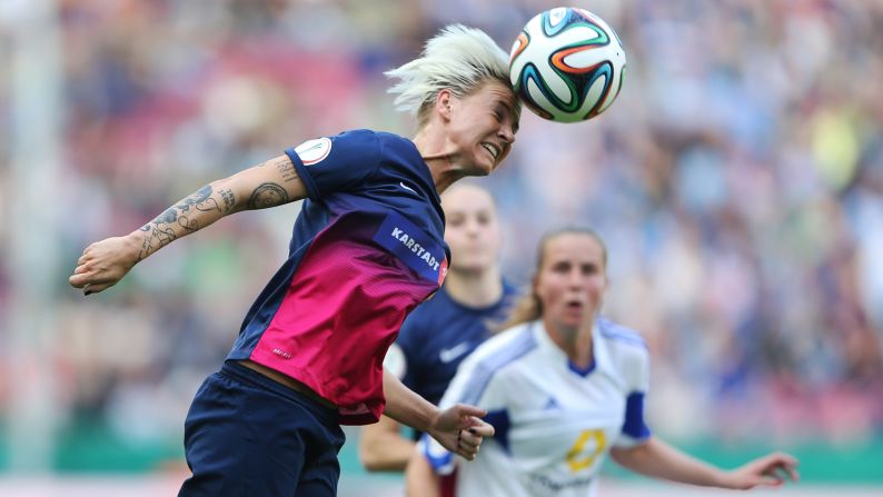 Sarah Freutel of Essen jumps for a header during the Women's German Cup final between Essen and Frankfurt, which Frankfurt won 3-0 on Saturday, May 17, in Cologne, Germany.