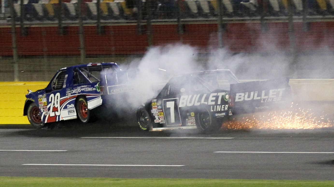Ryan Blaney is hit from behind by Brian Ickler during the NASCAR Truck Series race Friday, May 16, at Charlotte Motor Speedway in Concord, North Carolina. The drivers were OK. Kyle Busch won the race.