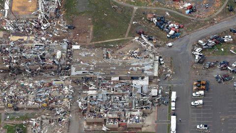 <strong>Then: </strong>An aerial view of damage to the Plaza Towers Elementary School on May 21, 2013. Seven students died when a tornado hit the school a day earlier.