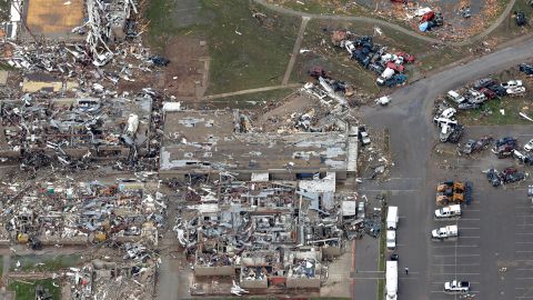 <strong>Then: </strong>An aerial view of damage to the Plaza Towers Elementary School on May 21, 2013. Seven students died when a tornado hit the school a day earlier.
