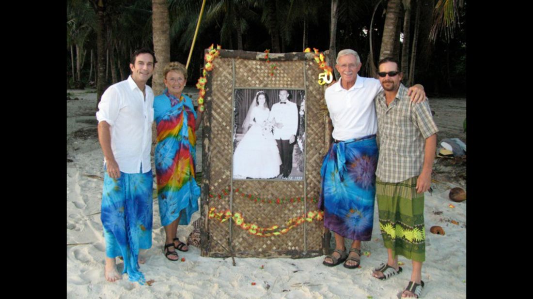 Probst's parents renewed their vows on their 50th anniversary in Samoa in 2009. That's Jeff, parents Barbara and Jerry, and brother Scott (left to right) in Samoa with a copy of his parents' original wedding picture. Season 19 was shot there.