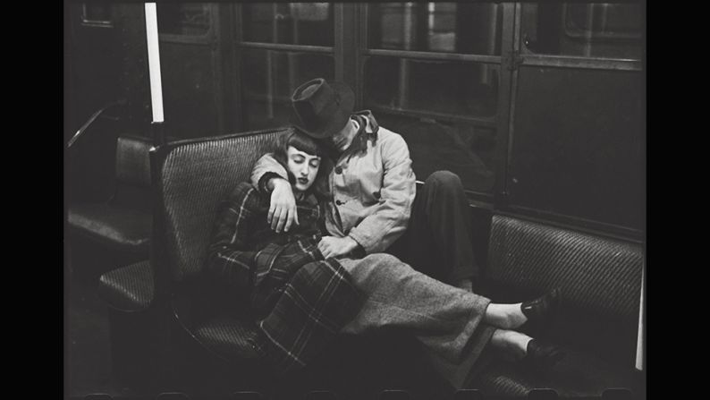 <em>New York Subway -- Young lovers, 1947</em><br /><br />Kubrick was intrigued by the New York subway as a place of transit where people from diverse backgrounds encountered one another. He shot many of these images between midnight and six in the morning."The images showing sleeping passengers are carefully arranged," Ortner-Kreil says. "Behind many, there is composed direction, as demonstrated in this shot of two lovers. The young man slides his hand under his girlfriend's coat. The photographer, and therefore also the observer, become voyeurs...Kubrick used to work with friends who acted as 'protagonists' for those shots."