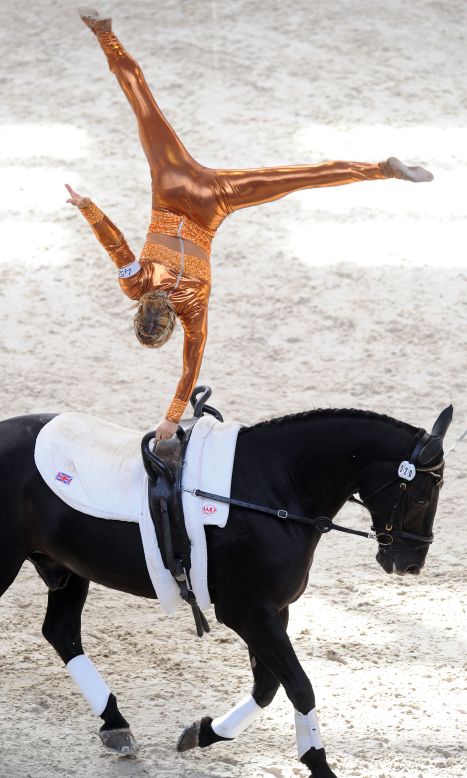 Joanne Eccles on her way to victory at the 2012 FEI World Vaulting Championship in France, competing on her family's horse W.H. Bentley. 