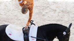 Equestrian vaulting champion, British Joanne Eccles (on her horse WH Bentley) competes in the women's event of the FEI World Vaulting Championship on August 19, 2012 at the European Horse Pole in Yvre-L'Eveque, northern France. Eccles finished first. AFP PHOTO / JEAN FRANCOIS MONIER (Photo credit should read JEAN-FRANCOIS MONIER/AFP/GettyImages