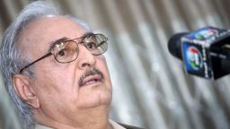 Retired Libyan Army general Khalifa Haftar speaks during a press conference in the town of Abyar, 70 km southwest of Bengahzi, on May 17, 2014. Haftar says his campaign against the Islamists aims to purge the restive city of "terrorist" groups, but he has been denounced by the authorities in Tripoli of trying to stage a coup -- a charge he denies. AFP PHOTO/STR-/AFP/Getty Images