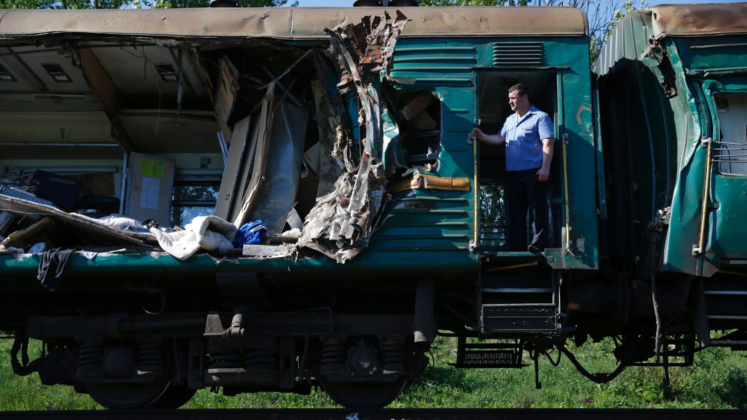 A damaged railway car at the site of train collision near the city of Naro-Fominsk on May 20, 2014. 