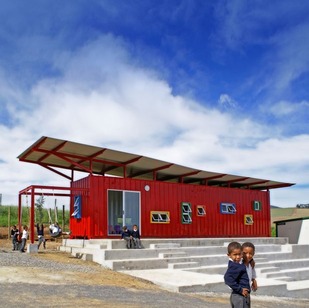 In 2012, South African architect Y Tsai won a Loerie Award for converting an old shipping container into a classroom in rural South Africa. The colorful classroom featured an outdoor jungle gym, windows to allow for cross ventilation, a steel roof that can collect rain water, and an outdoor amphitheater for school events. 