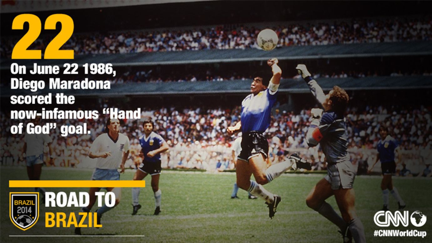 At the 1986 quarterfinals in Mexico City, Diego Maradona scored arguably the most controversial goal in football history on June 22. In the 51st minute, Argentina's captain punched the ball over goalkeeper Peter Shilton. To the dismay of the England team, Tunisian referee Ali Bennaceur allowed the goal to stand, believing Maradona had headed the ball. He then scored one of the greatest goals in World Cup history as Argentina won 2-1 and went on to lift the trophy for the second time.​