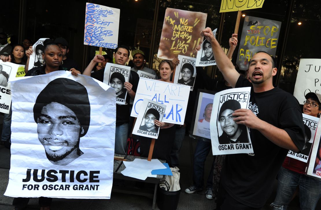 Aidge Patterson of the LA Coalition for Justice for Oscar Grant leads a protest rally outside a pretrial hearing for Johannes Mehserle, the former Bay Area Rapid Transit officer charged with murder in the shooting death of Grant, on March 26, 2010.