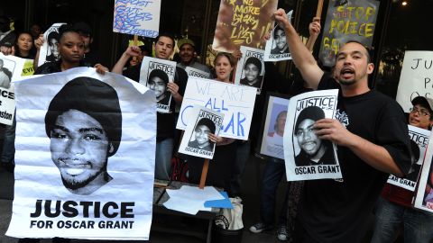 Aidge Patterson of the LA Coalition for Justice for Oscar Grant leads a protest rally in Oakland, California.
