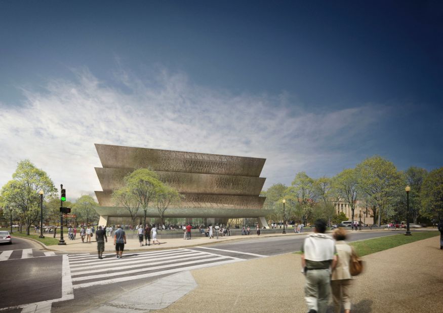 David Adjaye was tapped to design the Smithsonian National Museum of African American History and Culture in Washington, DC. The structure, which is slated for completion 2015, nods to an African aesthetic. The exterior will be made up of aluminum panels coated with bronze, and will employ ornamental techniques once used by former slaves, and developed in African cultures.