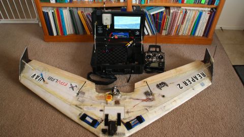 A video-piloted remote control flying wing made from a kit.
