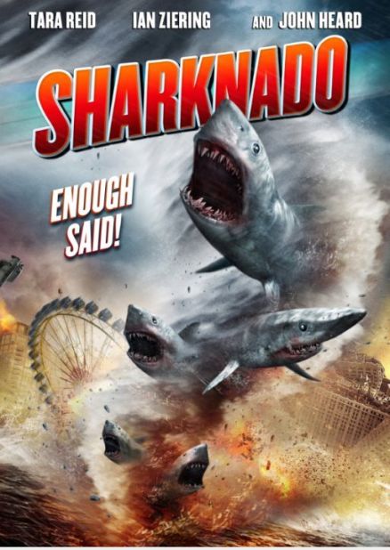 What selection of b-movie film posters would be complete without the crossover hit, "Sharknado?" For those of you who somehow missed it, when a freak hurricane swamps Los Angeles, nature's deadliest killer rules sea, land, and air as thousands of sharks terrorize the waterlogged populace. 
