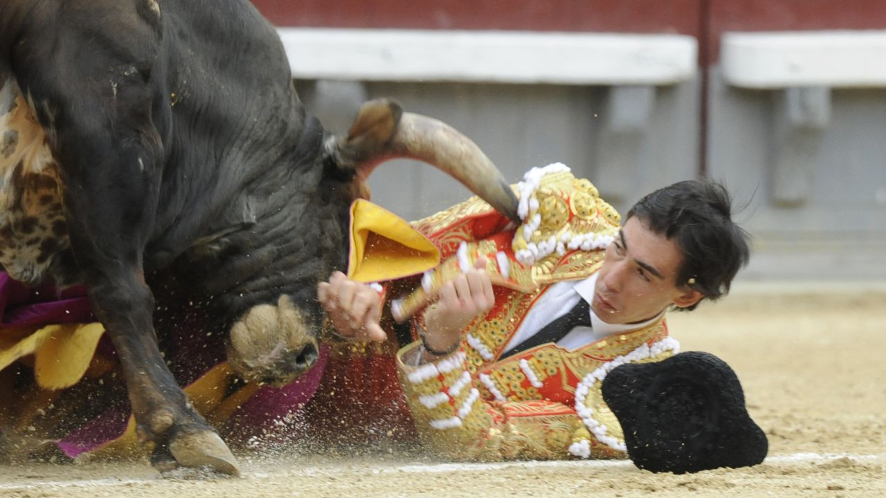 A fighting bull gores Jimenez.