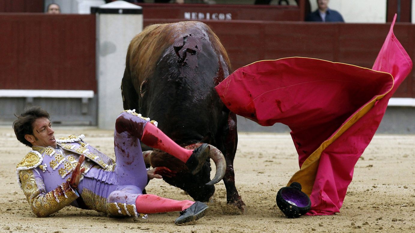 Nazare is knocked down during his fight at the San Isidro bullfighting festival. 
