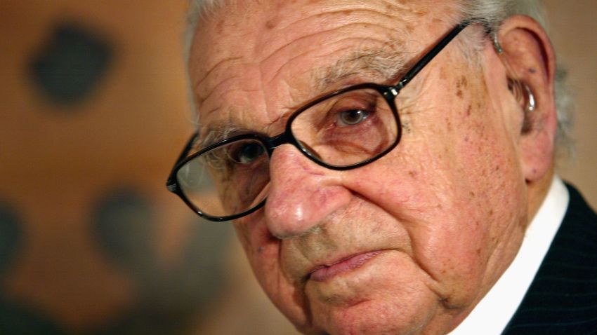Sir Nicholas Winton, an English stockbroker who rescued 669 Czech children from the Nazis, attends the 'I never saw another butterfly' press view at the Jewish Museum March 24, 2004 in London.