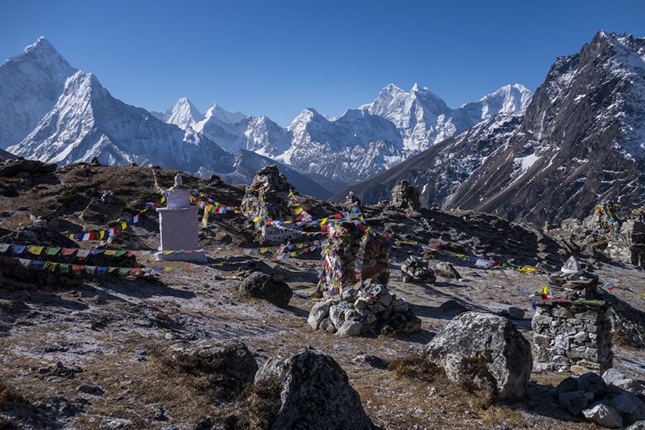 Near Everest Base Camp, an area is filled with memorial structures in honor of the climbers that have died on the mountains. 