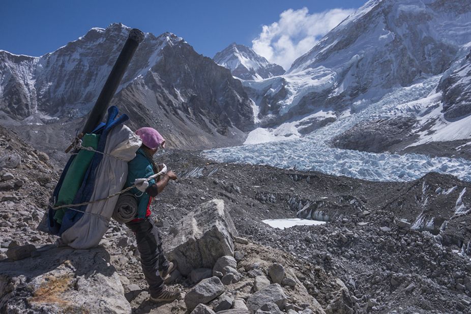 A porter gets ready to leave Everest Base Camp. 
