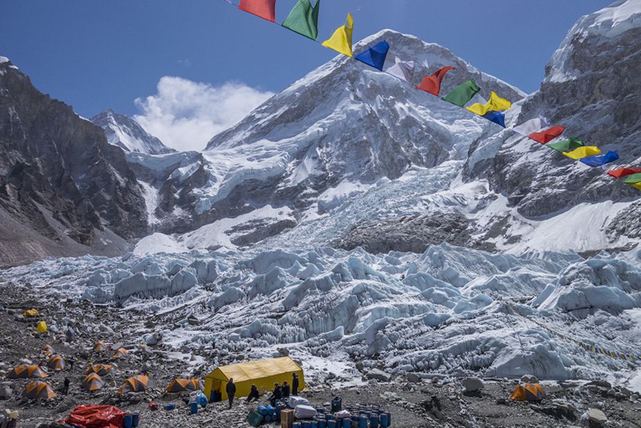 Everest Base Camp with the Khumbu Ice Fall in the background. 