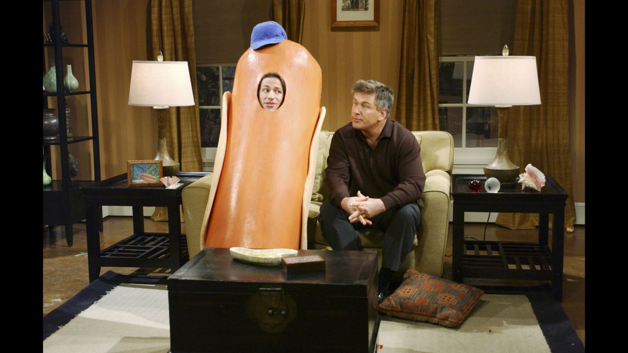 Andy Samberg, left, and Alec Baldwin perform in a "Saturday Night Live" skit called Hot Dog Family in 2005.