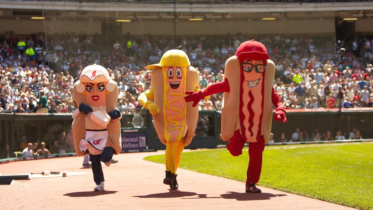 Onion, Mustard and Ketchup race in the Hot Dog Derby during a 2008 Major League Baseball game between the Tampa Bay Rays and the Cleveland Indians in Cleveland.
