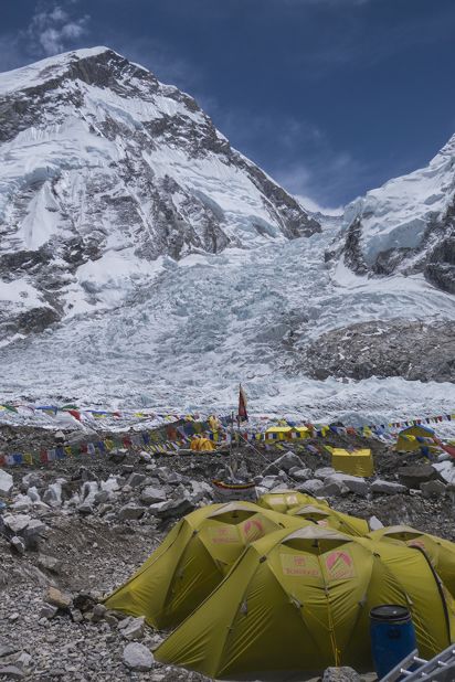 Everest Base Camp with the Khumbu Icefall in the background. 