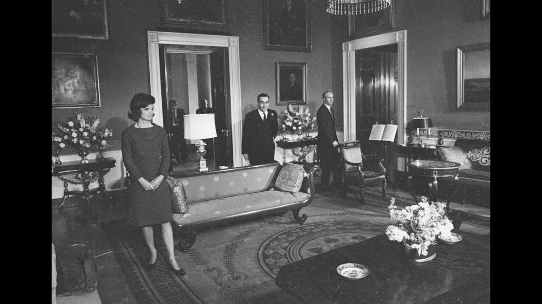 First lady Jackie Kennedy is shown in the Red Room of the White House on January 15, 1962, during the CBS News special program "A Tour of the White House with Mrs. John F. Kennedy." The program showed off the restoration work that was spearheaded by the first lady.