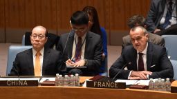 Gerard Araud (R), France's Ambassador to the United Nations, speaks during the Security Council meeting on Ukraine May 2, 2014 at UN headquarters in New York as Liu Jieyi (L), China's Ambassador to the UN, listens. AFP PHOTO/Stan HONDASTAN HONDA/AFP/Getty Images