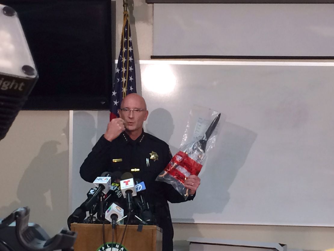Salinas Police Chief Kelly McMillin holds the gardening shears used by a suspect who was shot by police on Tuesday.