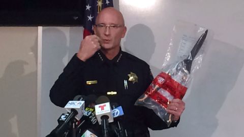 Salinas Police Chief Kelly McMillin holds the gardening shears used by a suspect who was shot by police on Tuesday.