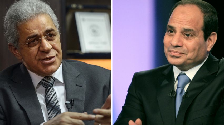 Caption:(FILES) A combo made of file images of Egyptian presidential hopeful Hamdeen Sabbahi (L) speaking with an AFP journalist on February 22, 2014 in Cairo and Egypt's ex-army chief and leading presidential candidate Abdel Fattah al-Sisi giving his first television interview since announcing his candidacy in the Egyptian capital on May 4, 2014. Sabbahi, the sole rival to Sisi expected to romp to victory in next week's presidential election, is a defender of the ideals of the 2011 revolution. AFP PHOTO /STR (Photo credit should read STR/AFP/Getty Images)
