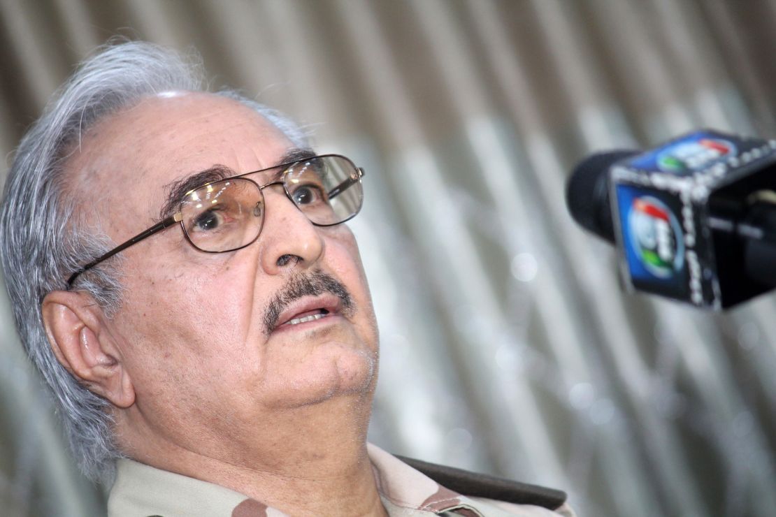 Libyan Army general Khalifa Haftar speaks during a press conference on May 17, 2014.