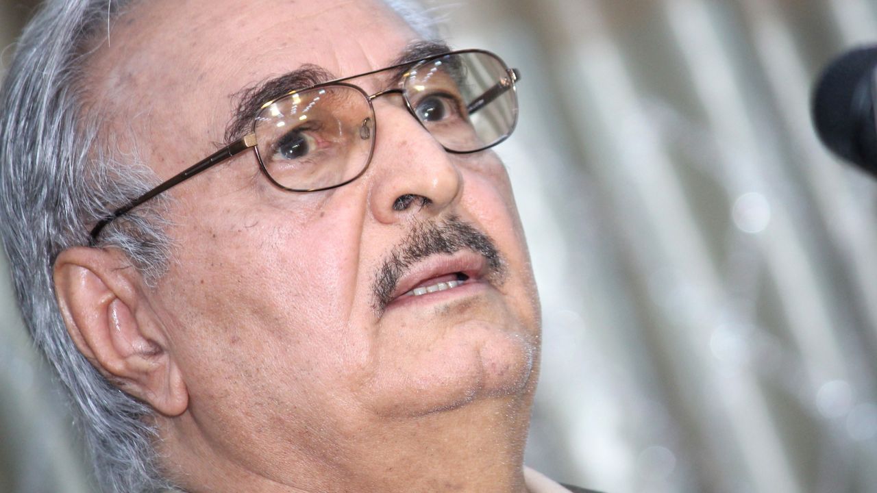 Libyan Army general Khalifa Haftar speaks during a press conference on May 17, 2014.