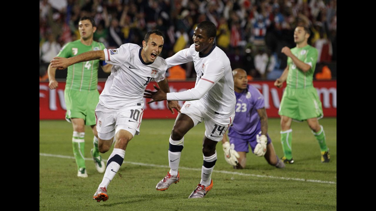 In not just a personal highlight, but one of the greatest moments in American soccer, Landon Donovan, foreground left, celebrates with teammate Edson Buddle after scoring an injury-time goal against Algeria, propelling the United States into the knockout round of the 2010 World Cup in South Africa.
