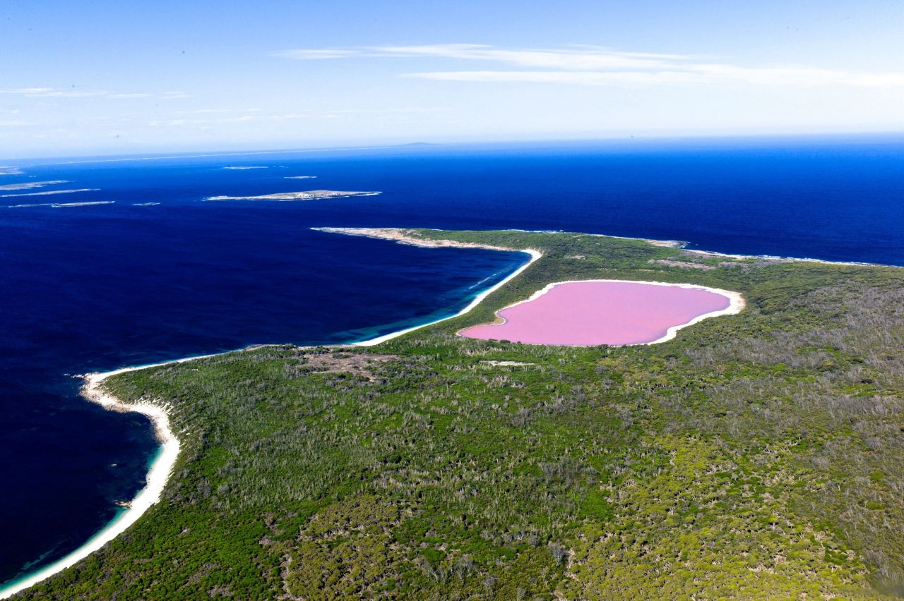 Australia's Lake Hillier stays filled with perfectly pink water whether day or night and keeps its hue even if taken away in a bottle. 