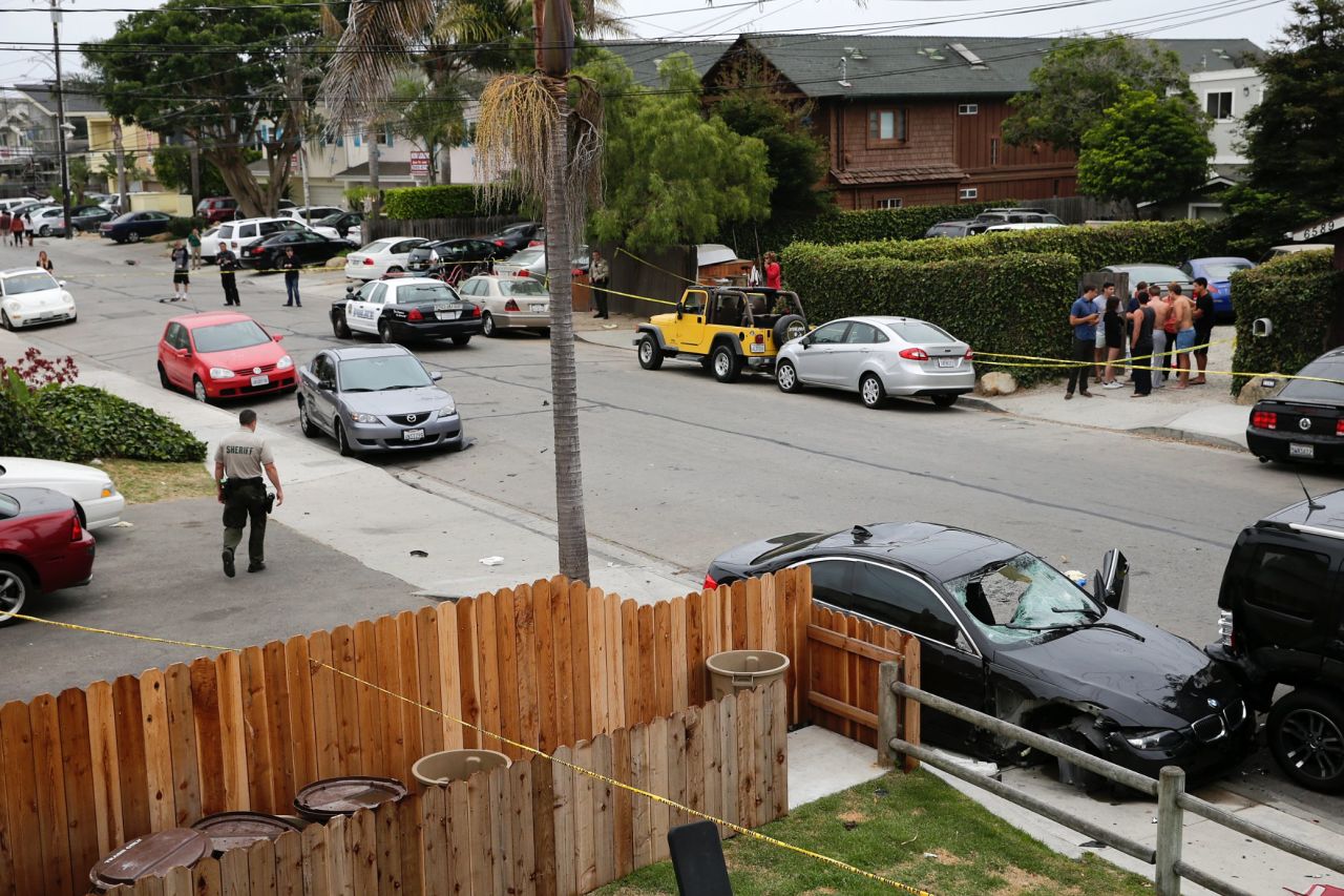 The car of the alleged shooter at the crime scene Saturday. Isla Vista is the residential quarter for students mostly enrolled in UCSB and some in Santa Barbara City College. The community sits on beachfront bluffs just west of UCSB.