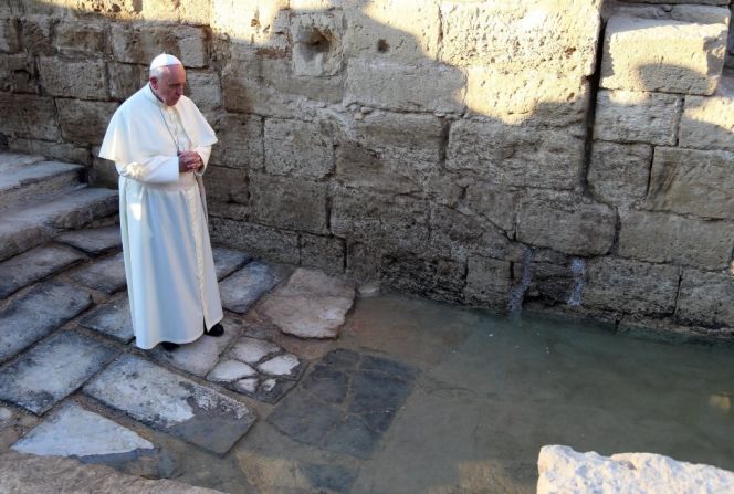 Francis prays Saturday, May 24, at Bethany Beyond the Jordan, on a tributary of the Jordan River that tradition holds is the site where Christ was baptized. 