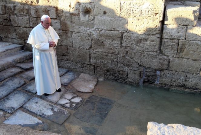 Francis prays Saturday, May 24, at Bethany Beyond the Jordan, on a tributary of the Jordan River that tradition holds is the site where Christ was baptized.