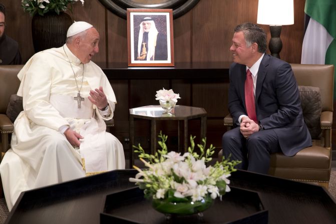 Pope Francis meets King Abdullah II in Amman's Al Husseini Royal Palace on May 24.