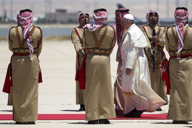 Pope Francis arrives at the airport in Amman on May 24.
