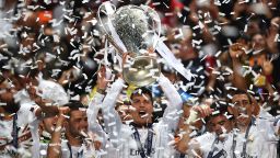 Cristiano Ronaldo of Real Madrid lifts the Champions league trophy after the team's victory over Atletico de Madrid at Estadio da Luz on May 24 in Lisbon, Portugal.