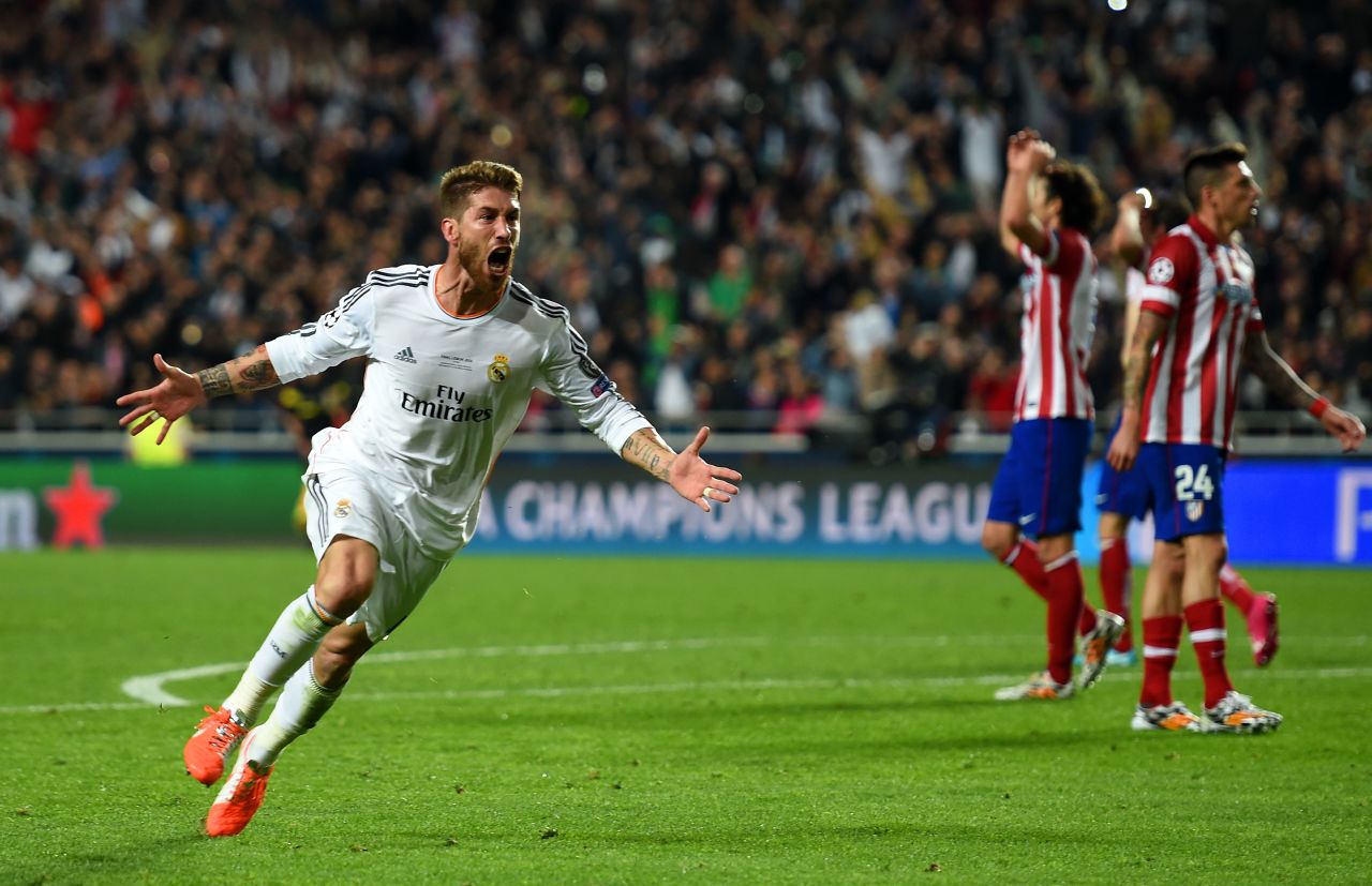 Sergio Ramos celebrates his injury-time equalizer in the Champions League final in Lisbon.  