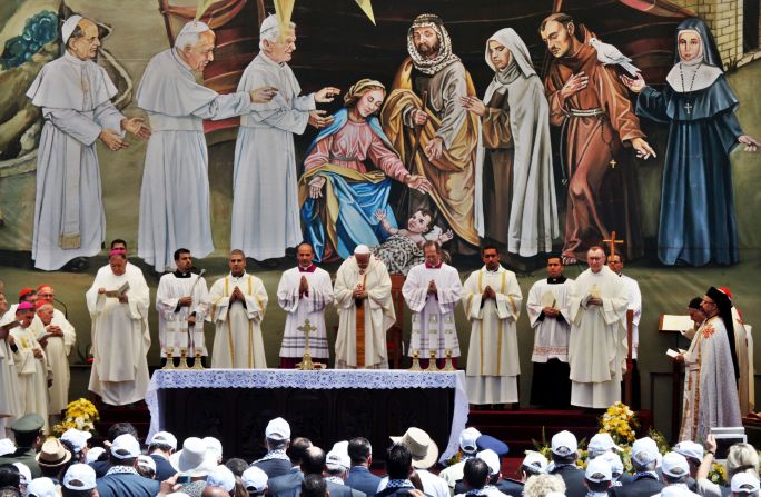 Francis, center, leads an open-air Mass in Bethlehem on May 25.